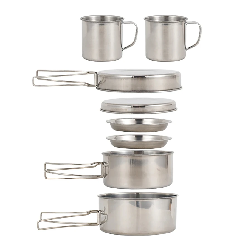 Camping Cooking And Cutlery Set - 8個/セット キャンプ調理器具セット ステンレス製調理鍋とフライパンセット プレートとカップ付き アウトドアハイキングバックパッキング用