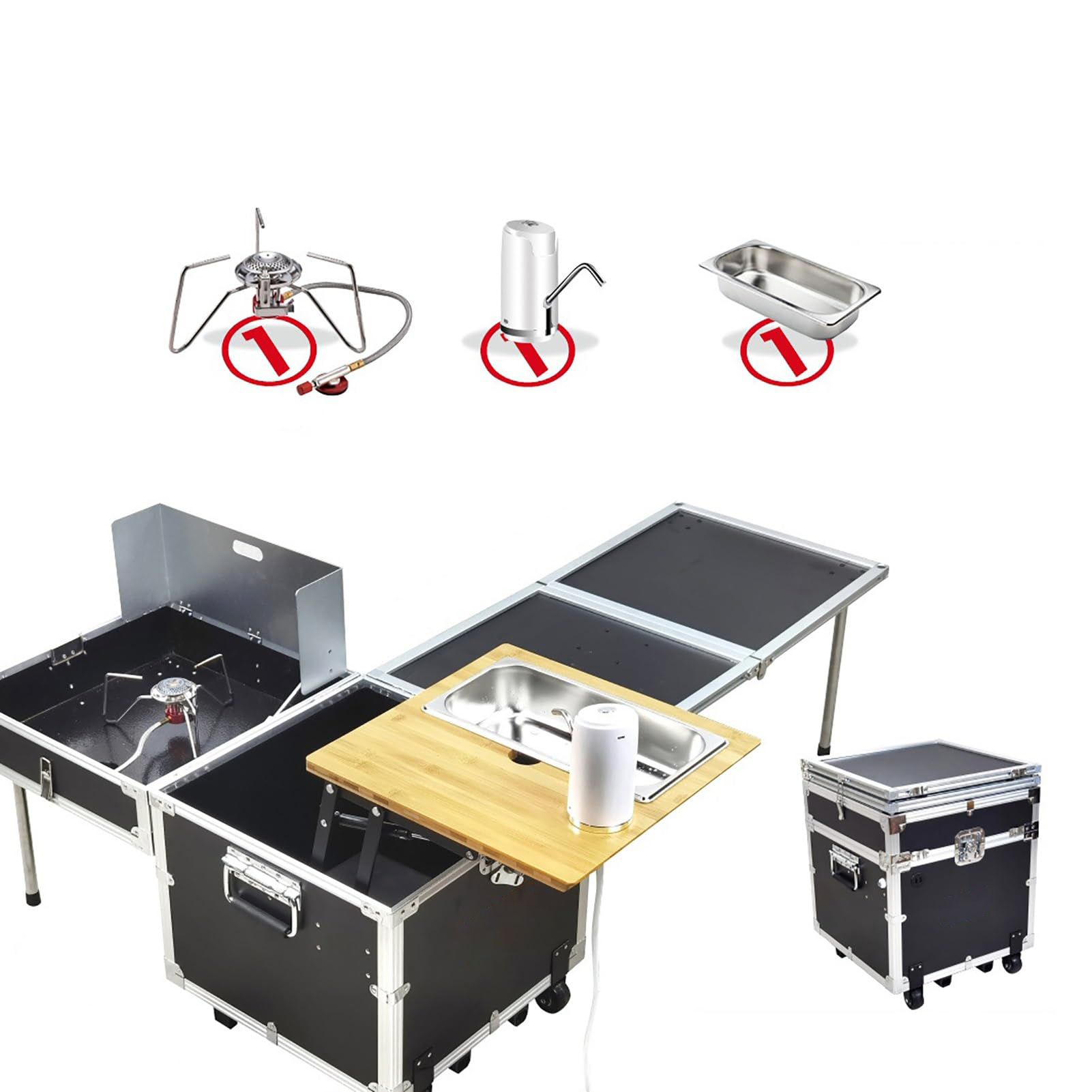 Camping Cooking Box Set - 屋外キャンプ用調理セット キャンピングモバイルキッチンボックス クックテーブル ストーブ ポータブルカー折りたたみキッチン