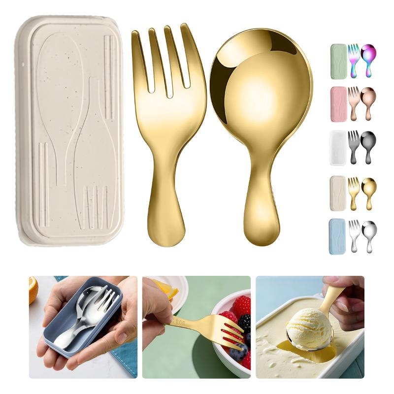 Camping Outdoor Cooking Set - ステンレス鋼食器セットスプーンフォーク 2Pc ポータブルボックス付きアウトドアキャンプカトラリーランチハイキングキャンプ調理旅行食器