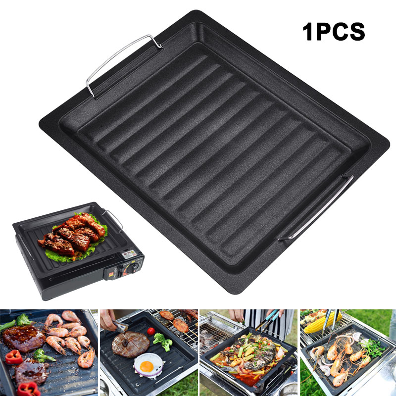 Camping Cooking Meat - 屋外用厚い四角グリルパン 2つのハンドル付き ポータブルノンスティックグリルパン ベーキングトレイ 外出用 バーベキュー