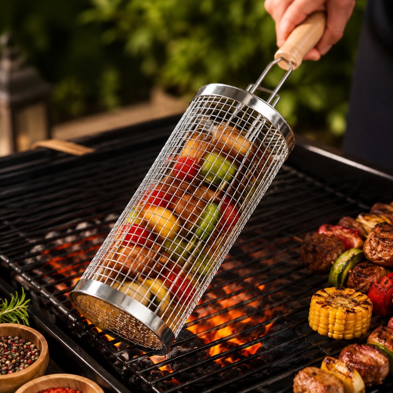 Camping Cooking Meat - 丸型バーベキューグリルバスケットセット ステンレス製回転式スチールメッシュチューブ ハンドル付きバーベキューグリル アウトドアキャンプに欠かせないアイテム