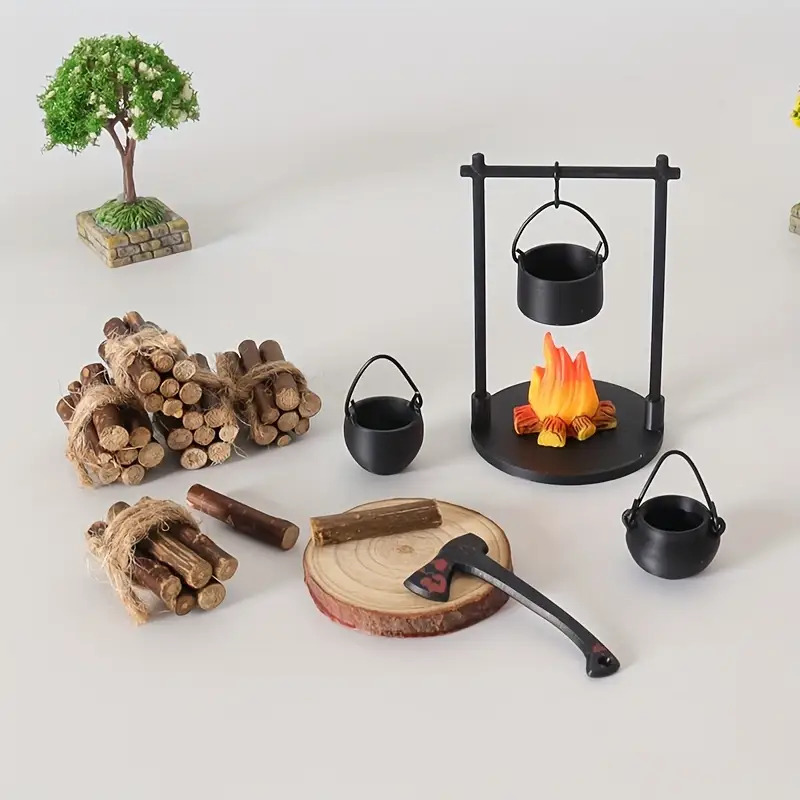 Campfire Cooking - ミニ焚き火吊り下げストーブポットドールハウスキャンプピクニック薪山砂テーブルマイクロ風景シーン装飾オーナメントおもちゃ