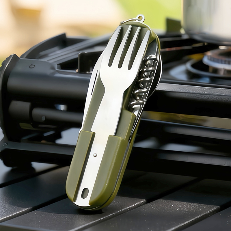 Camping Cooking And Cutlery Set - 新しいステンレス鋼 7In1 キャンプカトラリーセット - ピクニックハイキング用フォークスプーンナイフ付き折りたたみ式多機能アウトドア食器