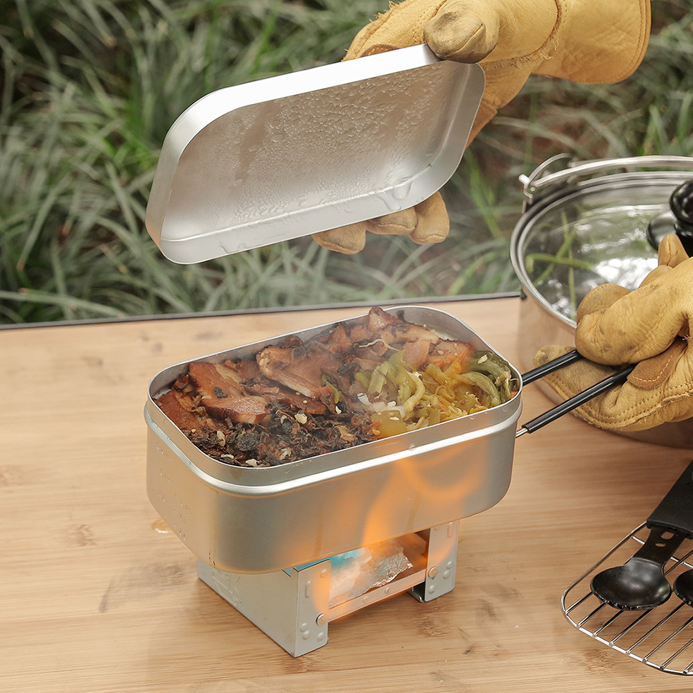 Camping Cooking Box Set - アウトドアアルミメスキット、スチームラックストーブセット、ポータブル1人用調理器具、高速調理ツールキット、キャンプメスキット