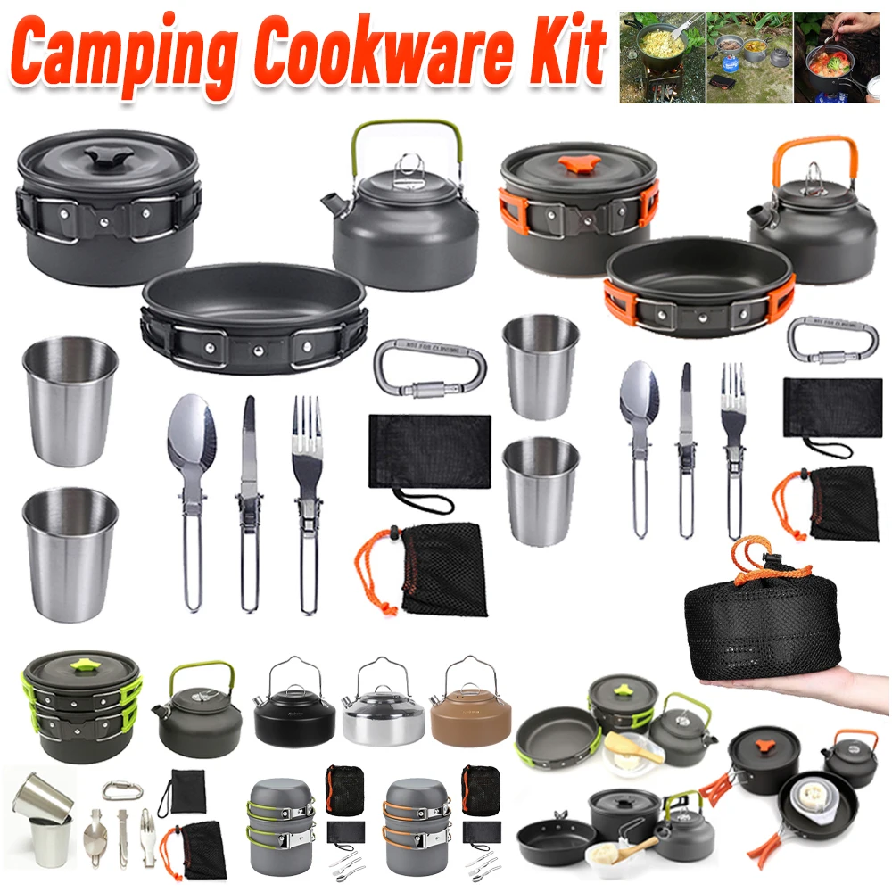 Camping Outdoor Cooking Set - キャンプ調理器具キット ケトル ポット パン クックセット ポータブル