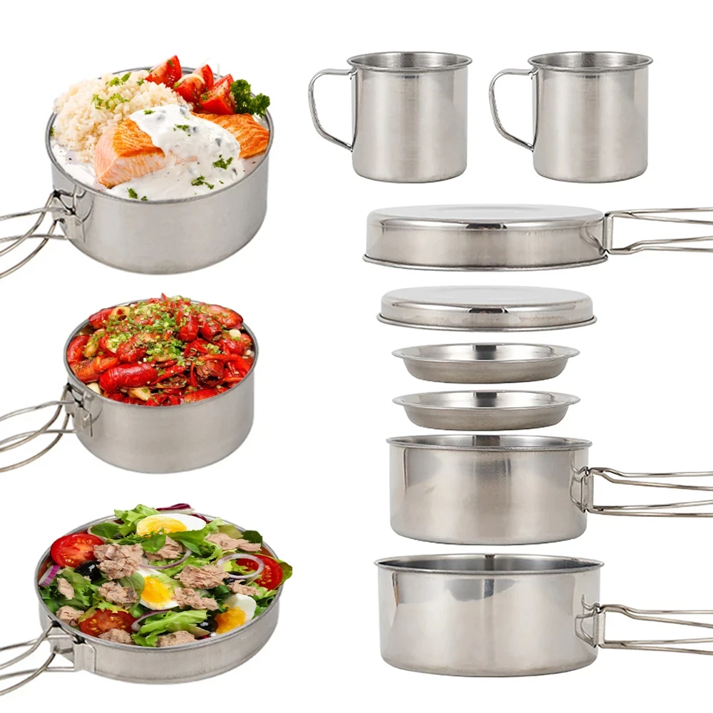8個/セット キャンプ調理器具セット ステンレス製鍋とフライ - Camping Cooking And Cutlery Set のレビューと価格