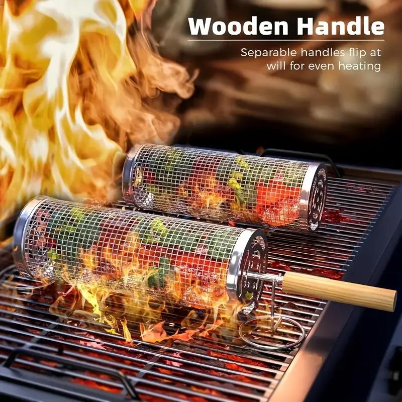 ステンレス製BBQグリルバスケット、丸型回転シリンダーケージ - Camping Cooking Meat のレビューと価格