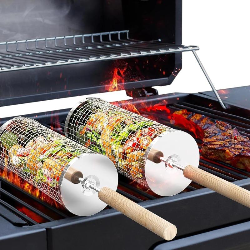 ステンレス製BBQグリルバスケット、丸型回転シリンダーケージ - Camping Cooking Meat のレビューと価格