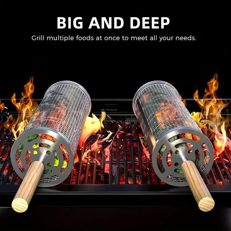 ステンレス製BBQグリルバスケット、丸型回転シリンダーケージ - Camping Cooking Meat のレビューと価格