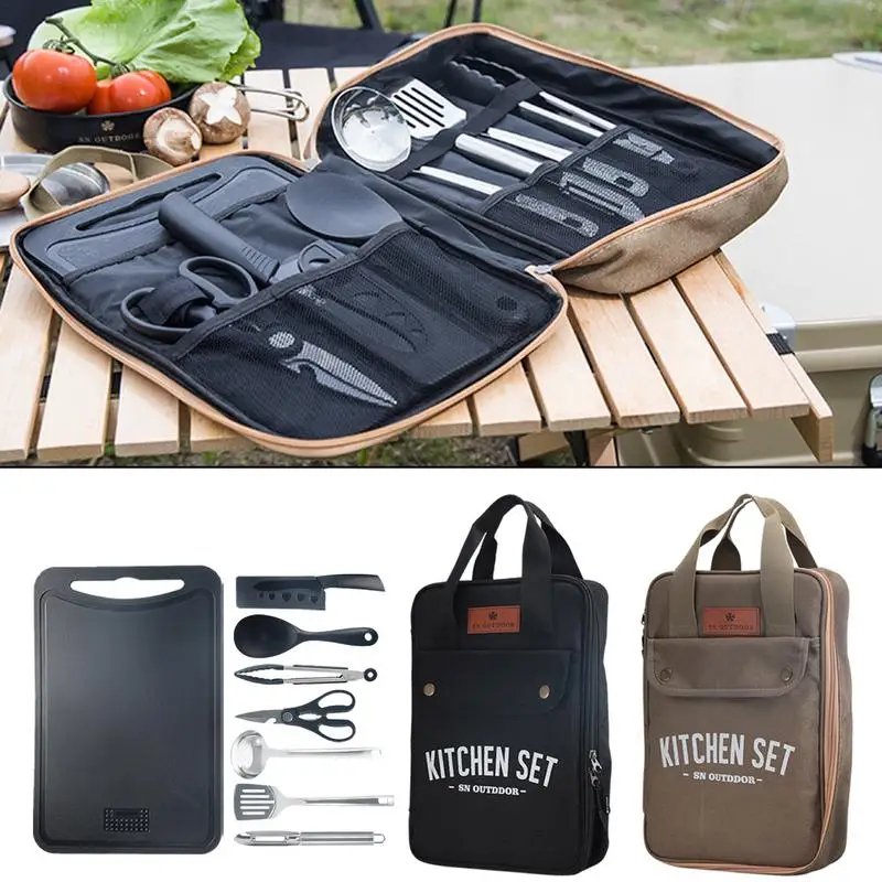 8点セット キャンプキッチン調理器具セット ポータブル屋外旅 - Camping Cooking And Cutlery Set のレビューと価格