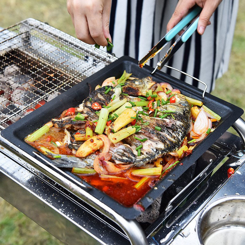 屋外用厚い四角グリルパン 2つのハンドル付き ポータブルノン - Camping Cooking Meat のレビューと価格