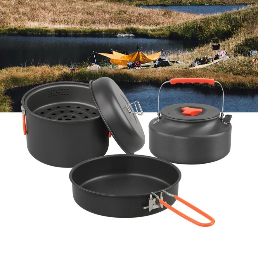 屋外調理器具セット、キャンプ調理鍋、ケトル、蒸し器、フライパ - Camping Outdoor Cooking Set のレビューと価格
